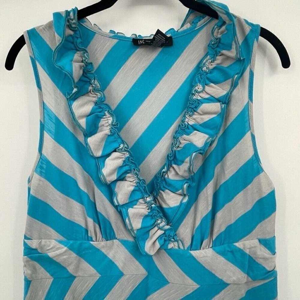 INC International Concepts Womens Dress Large Blue Gray V Neck Ruffle Chevron - Picture 10 of 12